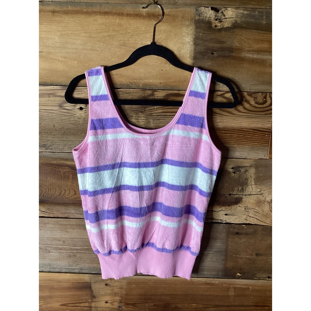 Vintage Terry Cloth Tank Top Banded Waist Purple Pink White Stripe size M/L